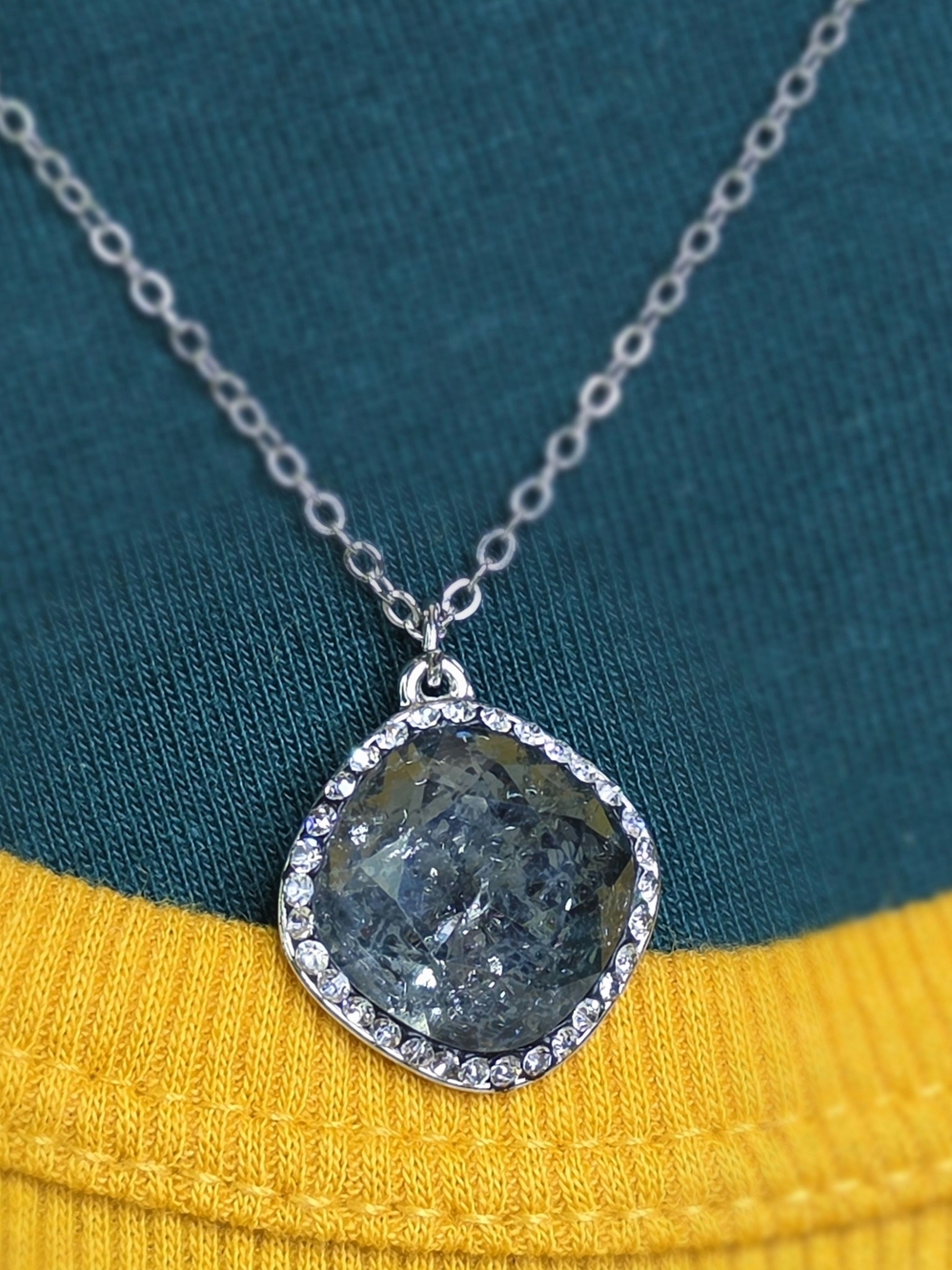 Loft Silver Tone Necklace with Gray Black Cushion Crystal Pendant